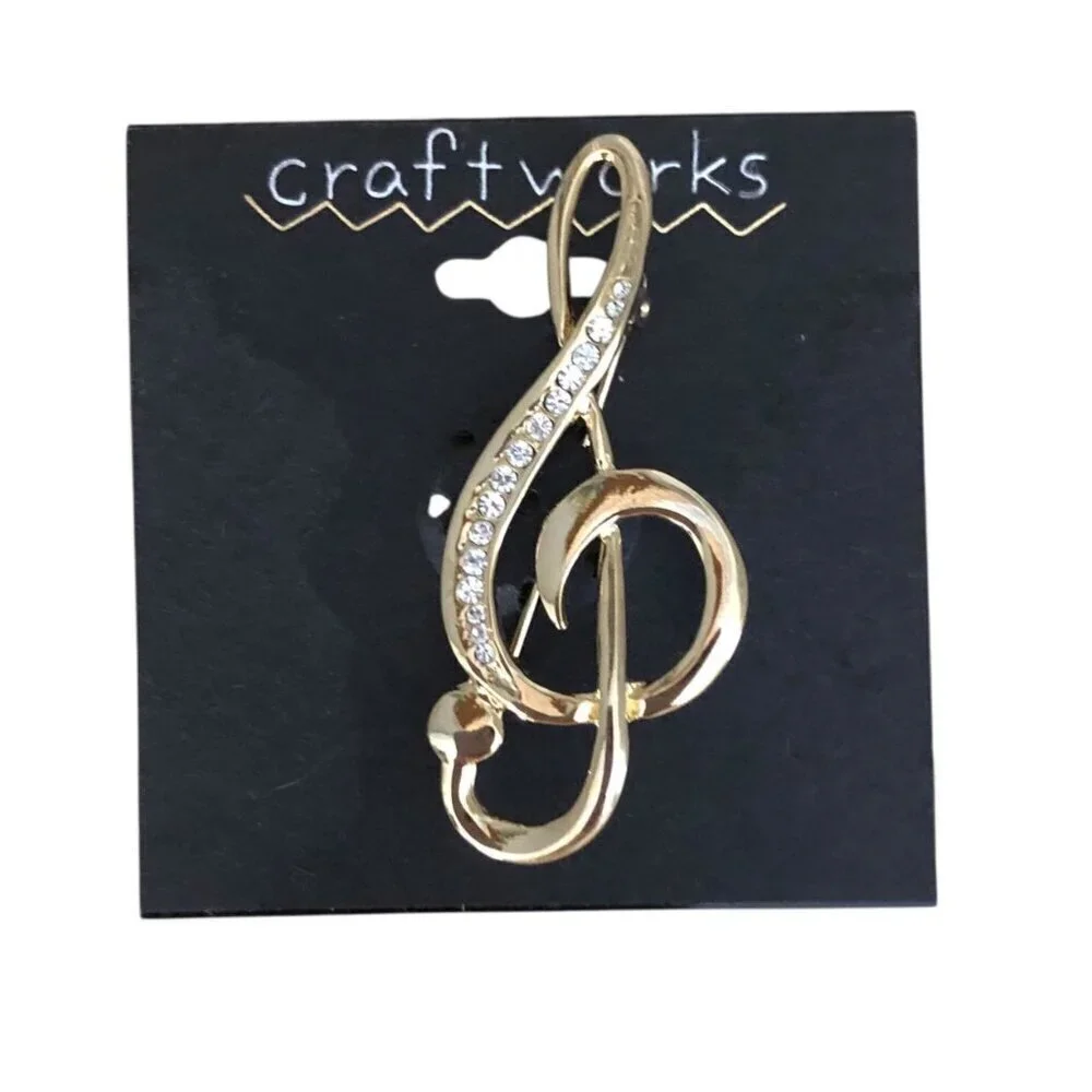 VTG Craftworks Treble Clef Brooch Gold Tone Channel Set Rhinestone Accents NEW